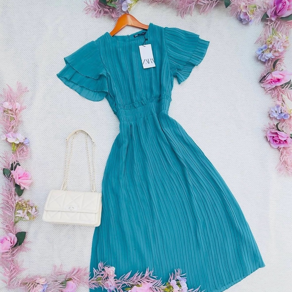 ZARA Teal Pleated Midi Dress with Flutter Sleeves